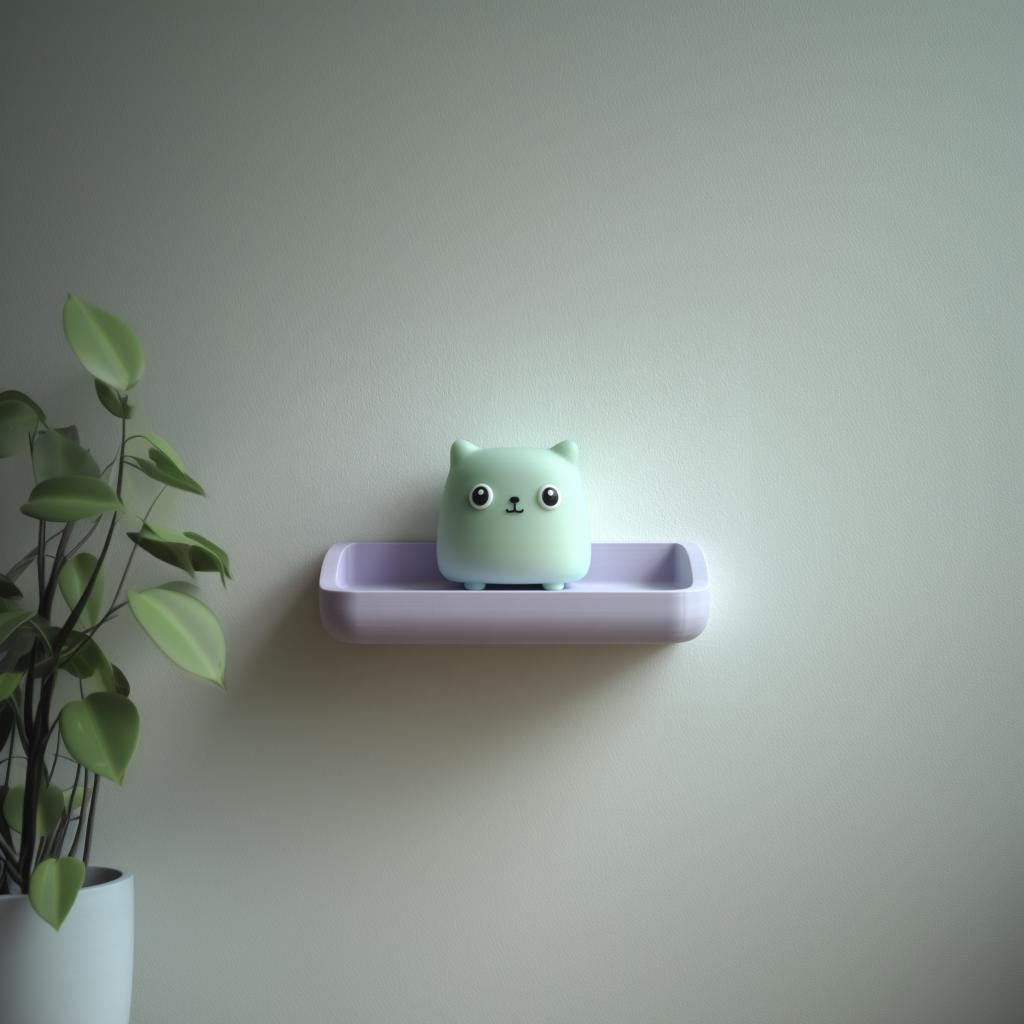 3D printed Cube Cat Wall Shelf with small cube cat character sitting in a rounded tray like ledge
