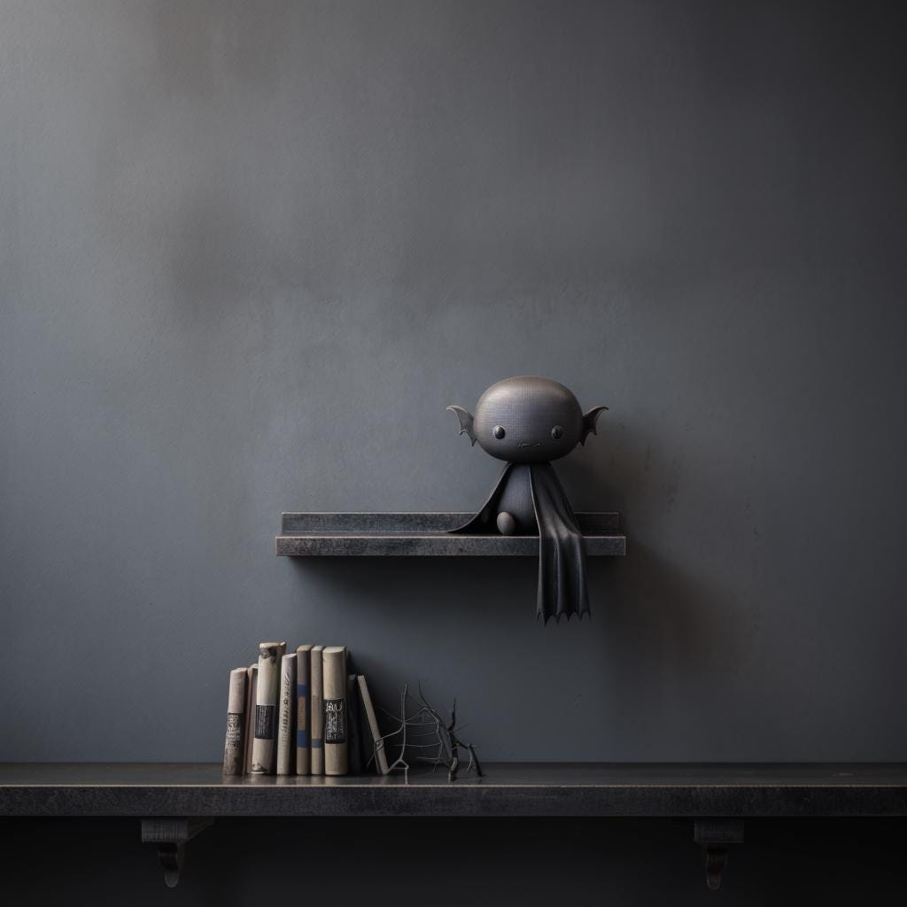 3D printed Vampire Bat Wall Shelf with cute dark fantasy bat support beneath a display ledge