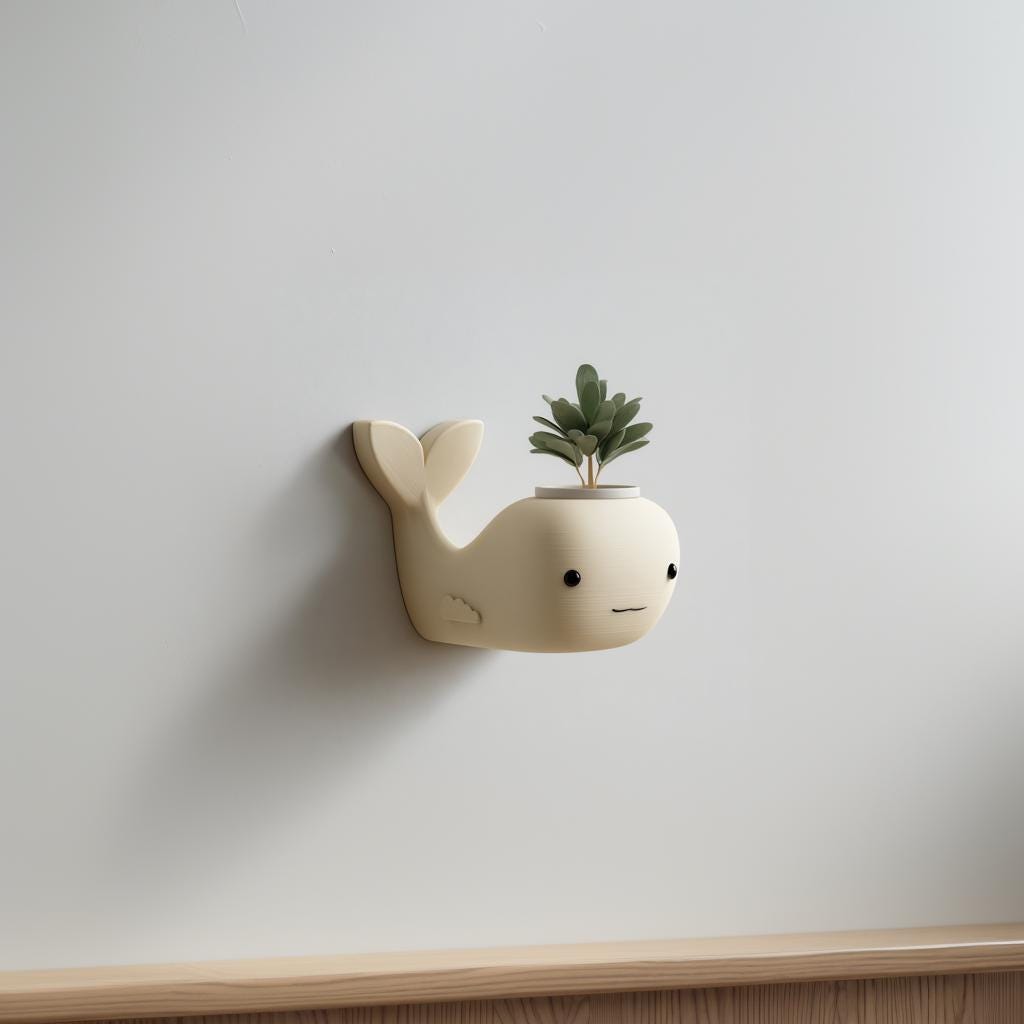 3D printed Whale Wall Planter with small plant growing from an opening in the top