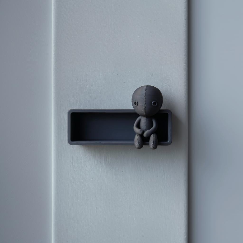 3D printed Grim Stitch Doll Wall Shelf with integrated stitched doll figure sitting on the edge against a light wall