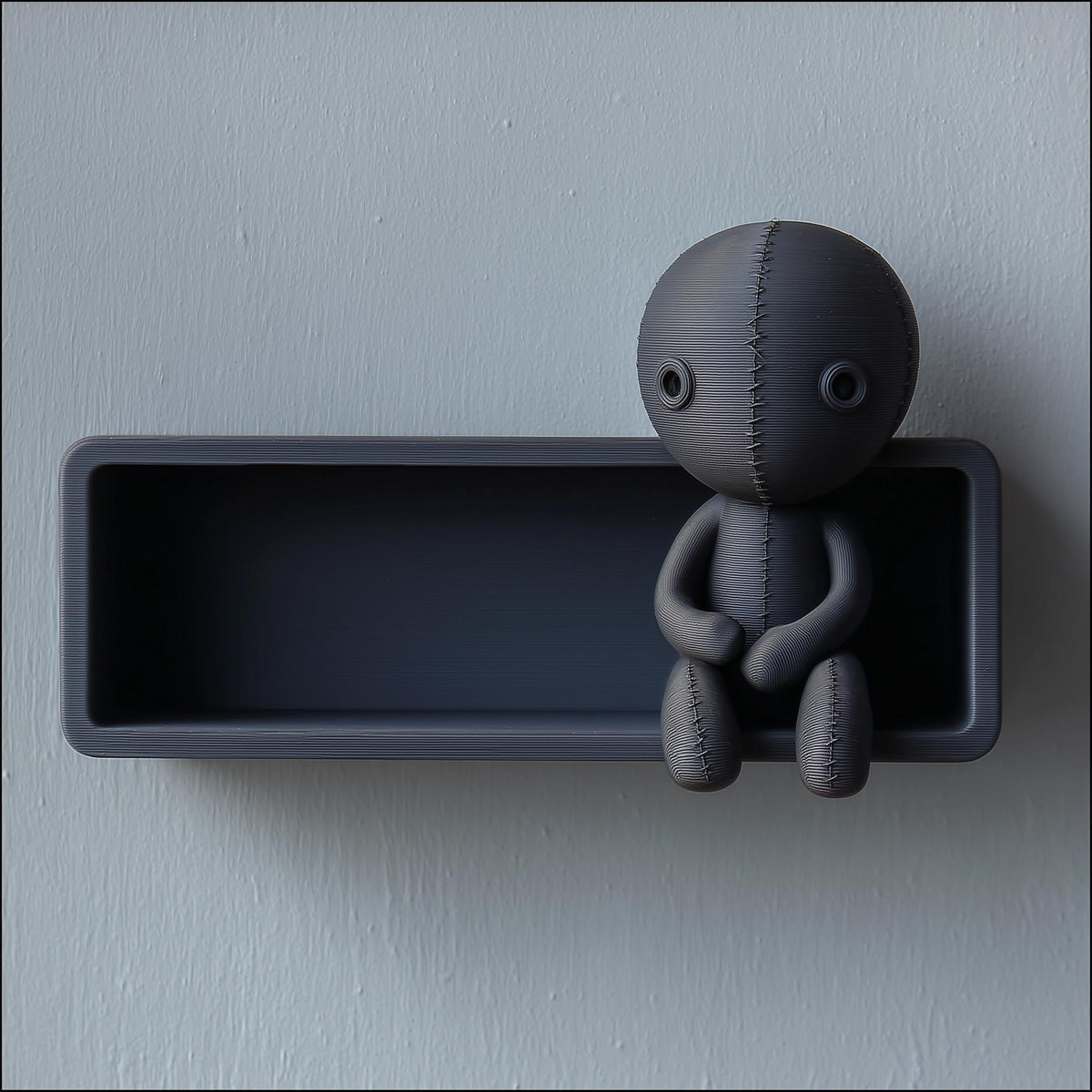 3D printed dark matte PLA wall shelf with an integrated stitched doll figure sitting on the edge against a light wall.