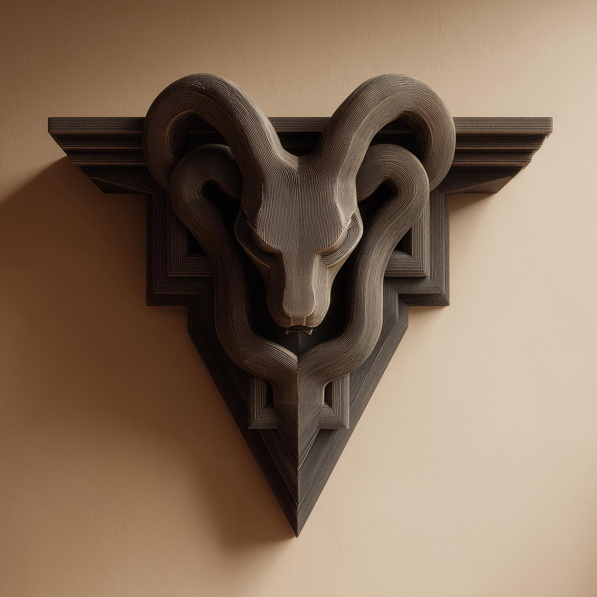 Gothic Ram Head Wall Shelf featuring stylised ram head and horns beneath a small display ledge