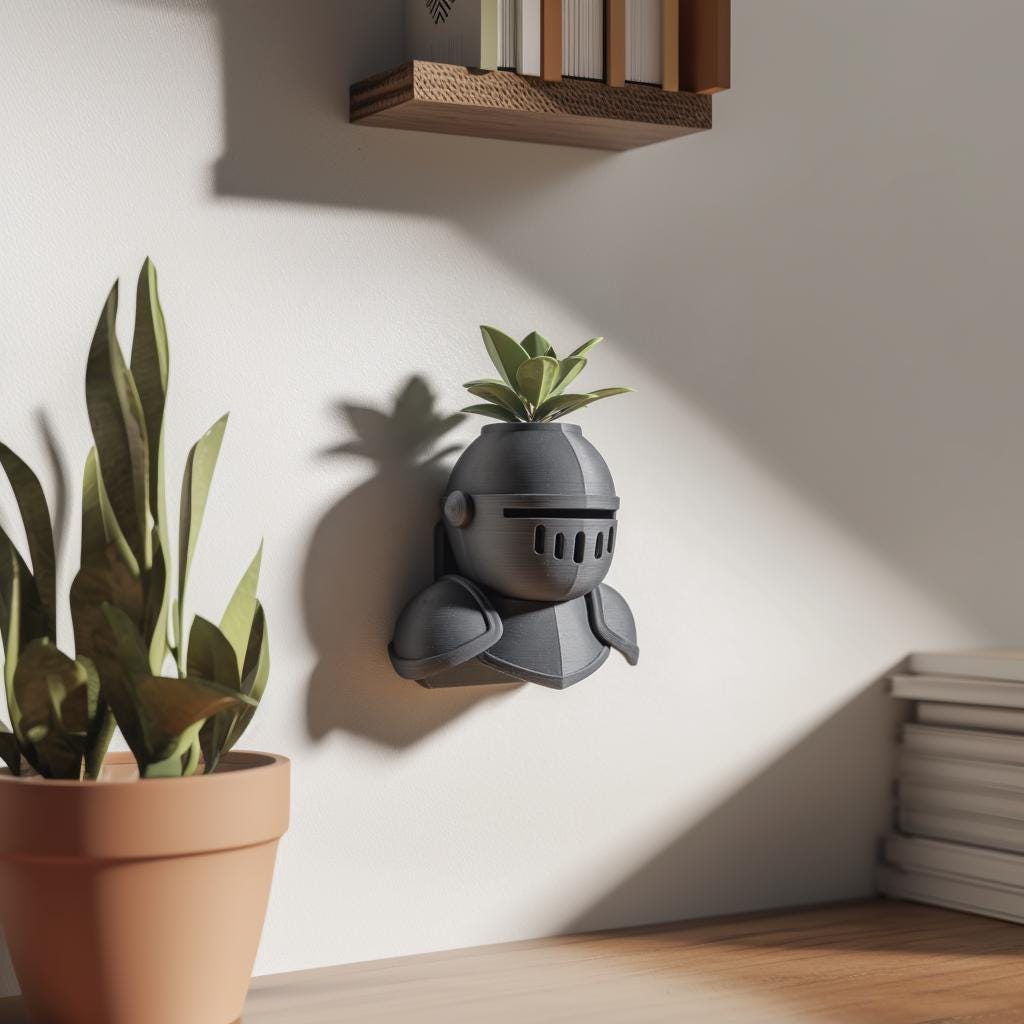 Knight Helmet Wall Planter featuring integrated top plant cavity