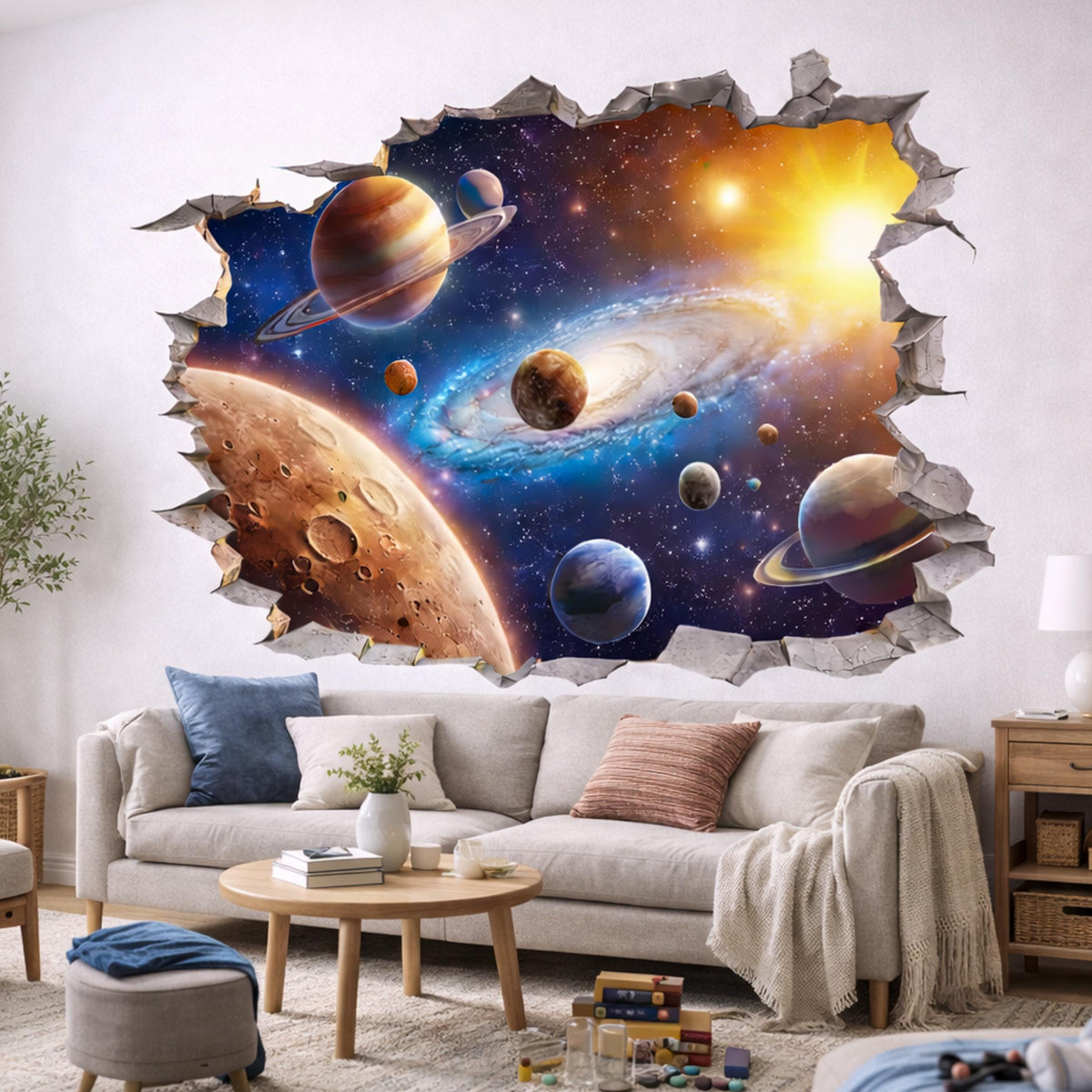 Space portal wall sticker with a glowing galaxy, planets and stars breaking through a jagged cracked wall