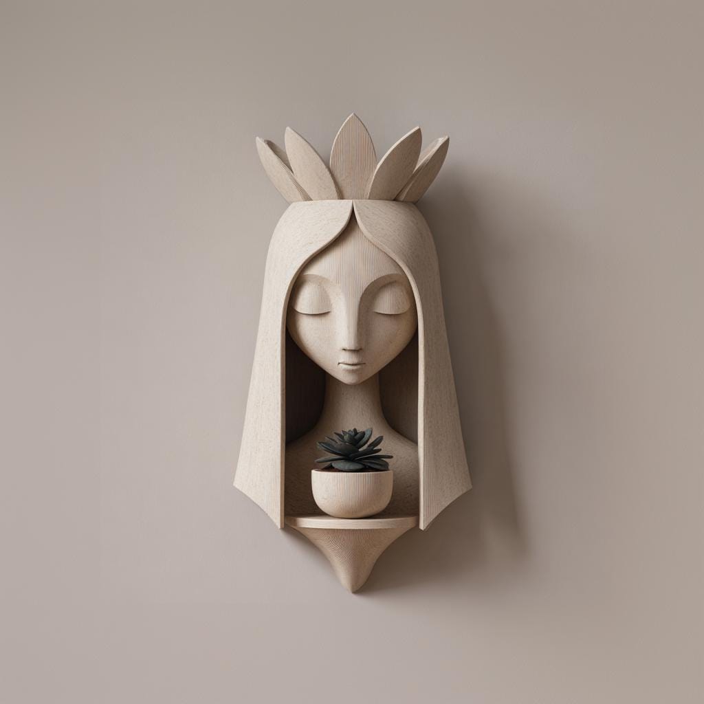 3D printed wall decoration showing a stylized fairy head above a small planter holder