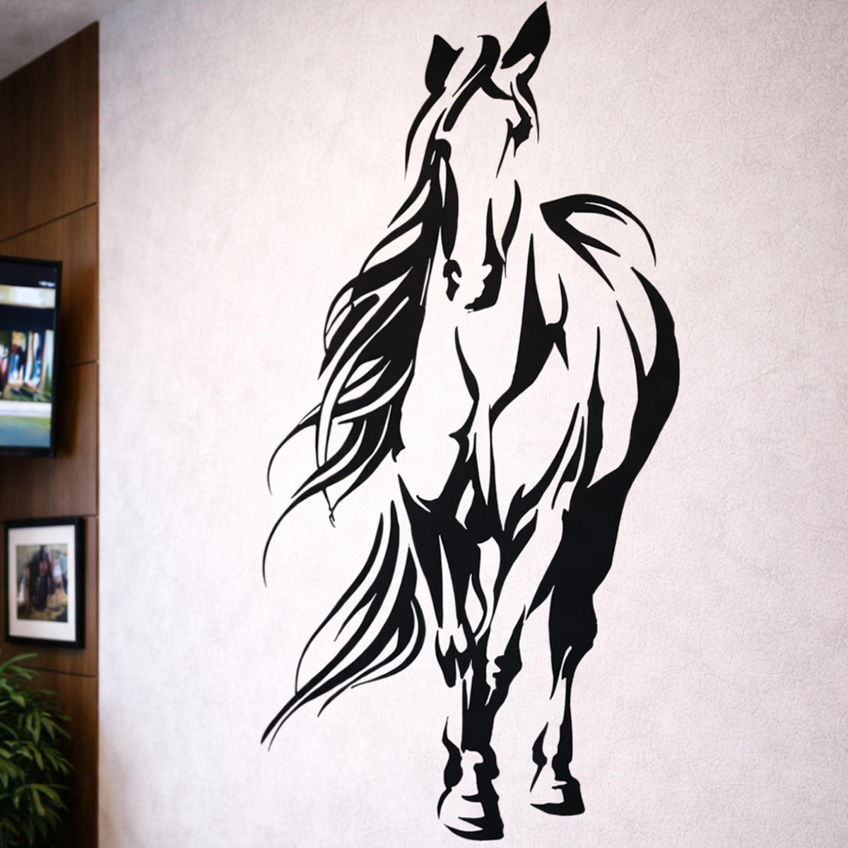 A minimalist black-and-white line art illustration of a full-body horse on a white background.