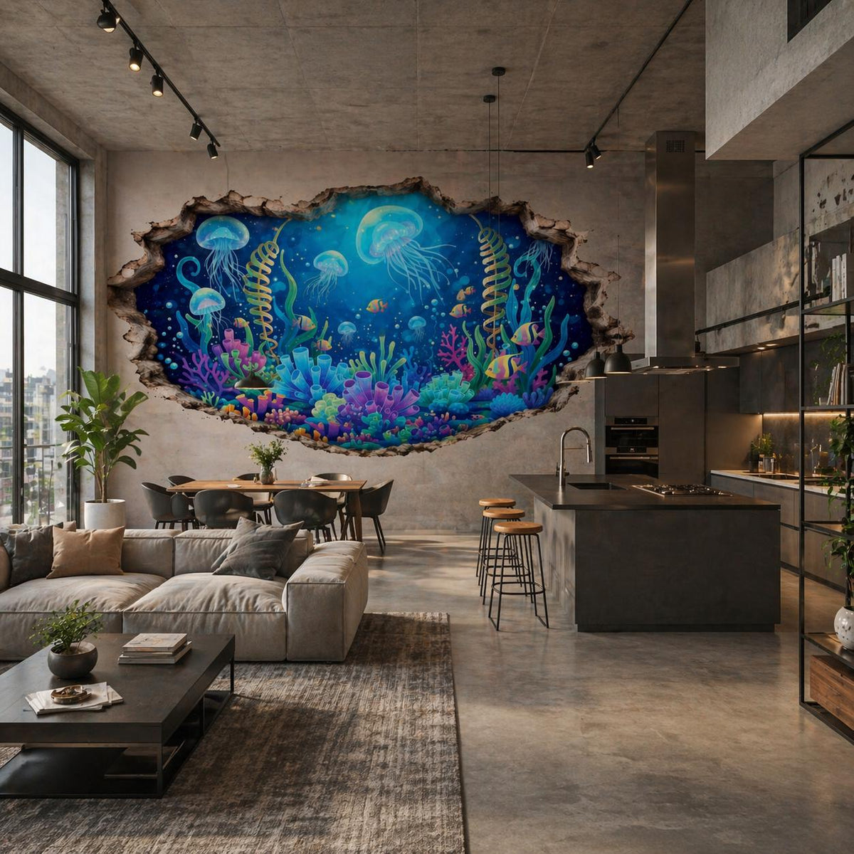 Decorative underwater broken wall illusion decal with jellyfish, tropical fish and colorful coral behind a cracked wall opening