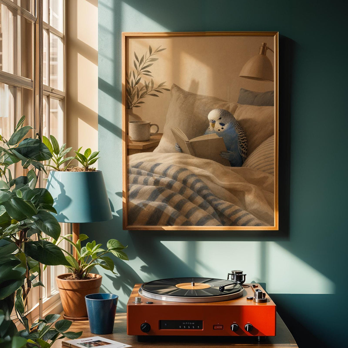 Poster artwork depicting Cobalt Blue Budgerigar Reading in Bed in modern gouache style