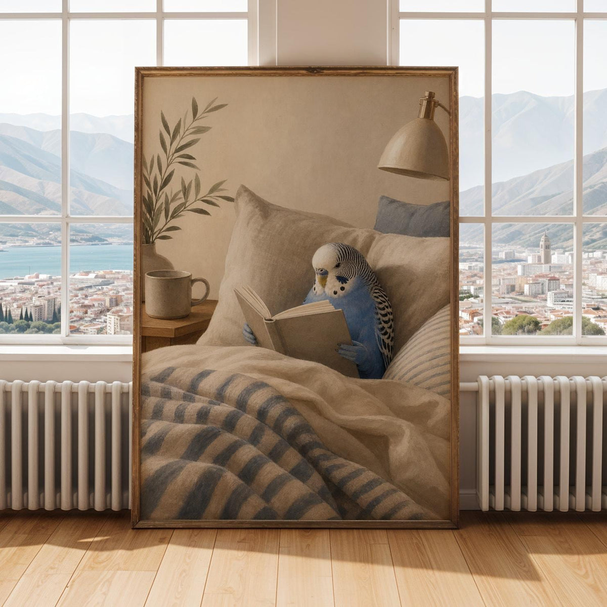 Print illustration of Cobalt Blue Budgerigar Reading in Bed with modern gouache artwork