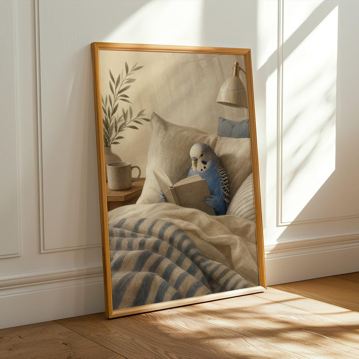 Cobalt Blue Budgerigar Reading in Bed illustration for a modern gouache paper poster