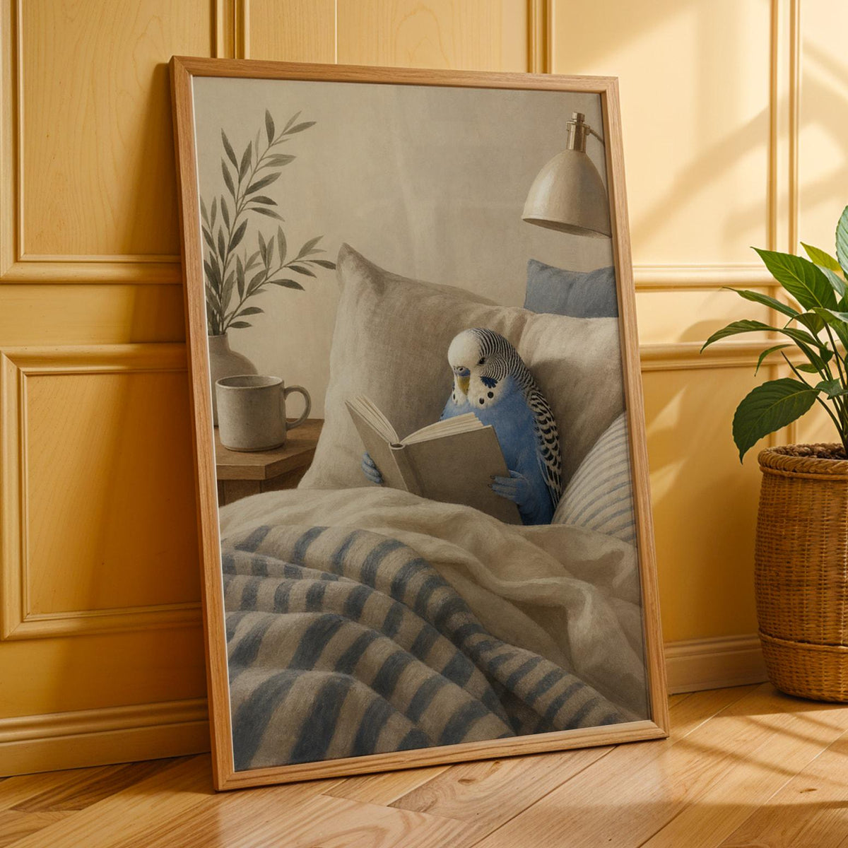Poster print featuring Cobalt Blue Budgerigar Reading in Bed with modern gouache detailing