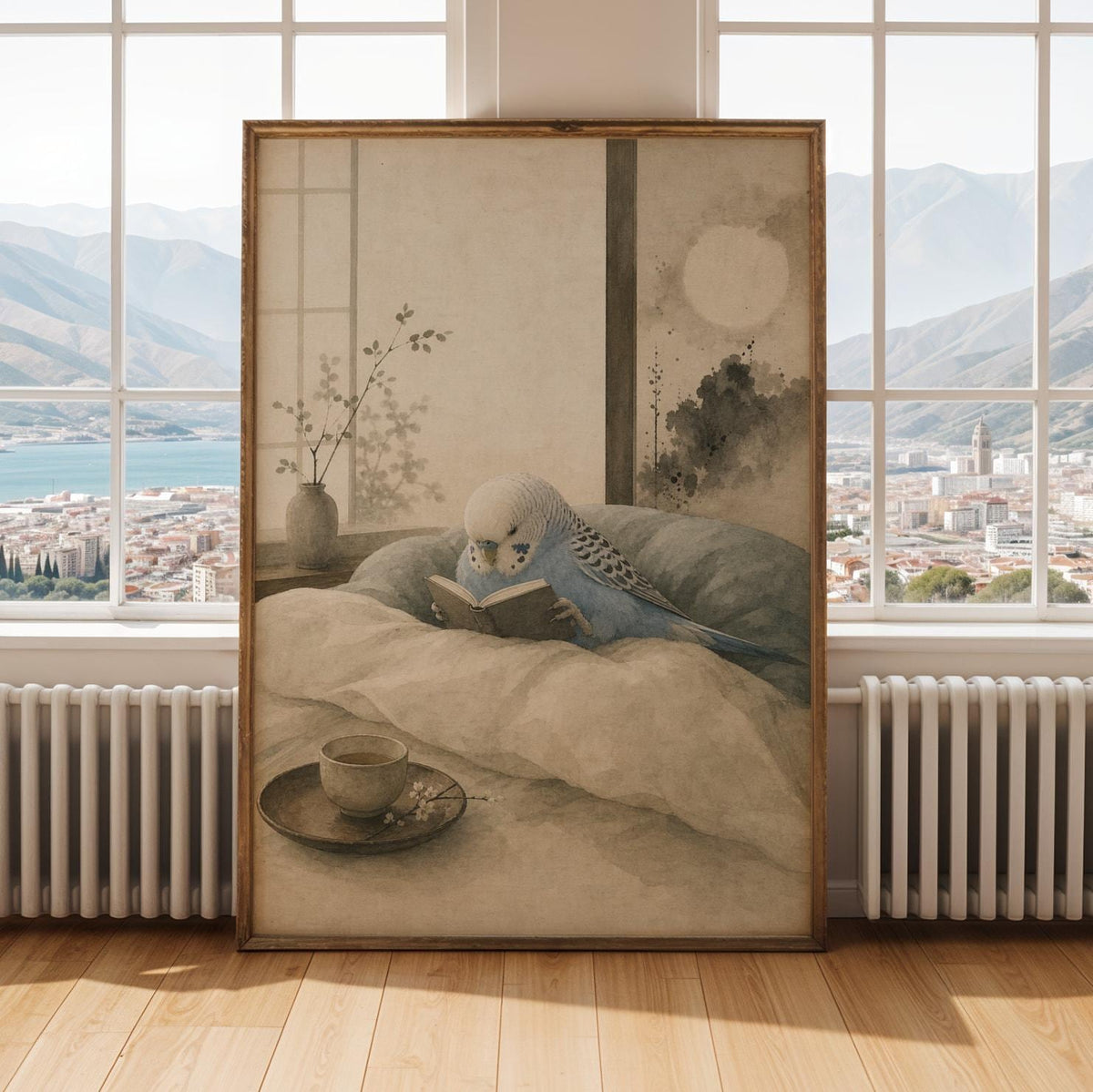 Print illustration of Sky Blue Budgerigar Reading in Bed with japanese zen ink wash artwork