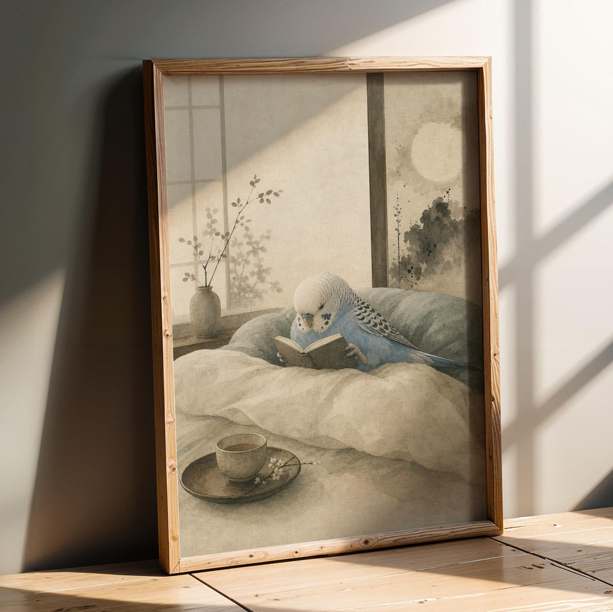 Artwork portraying Sky Blue Budgerigar Reading in Bed in a japanese zen ink wash composition
