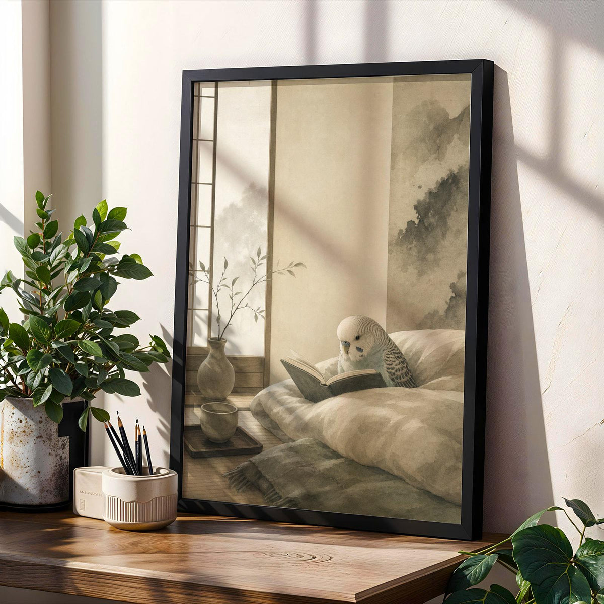 Decorative poster design featuring English Budgerigar Reading in Bed in japanese zen ink wash style