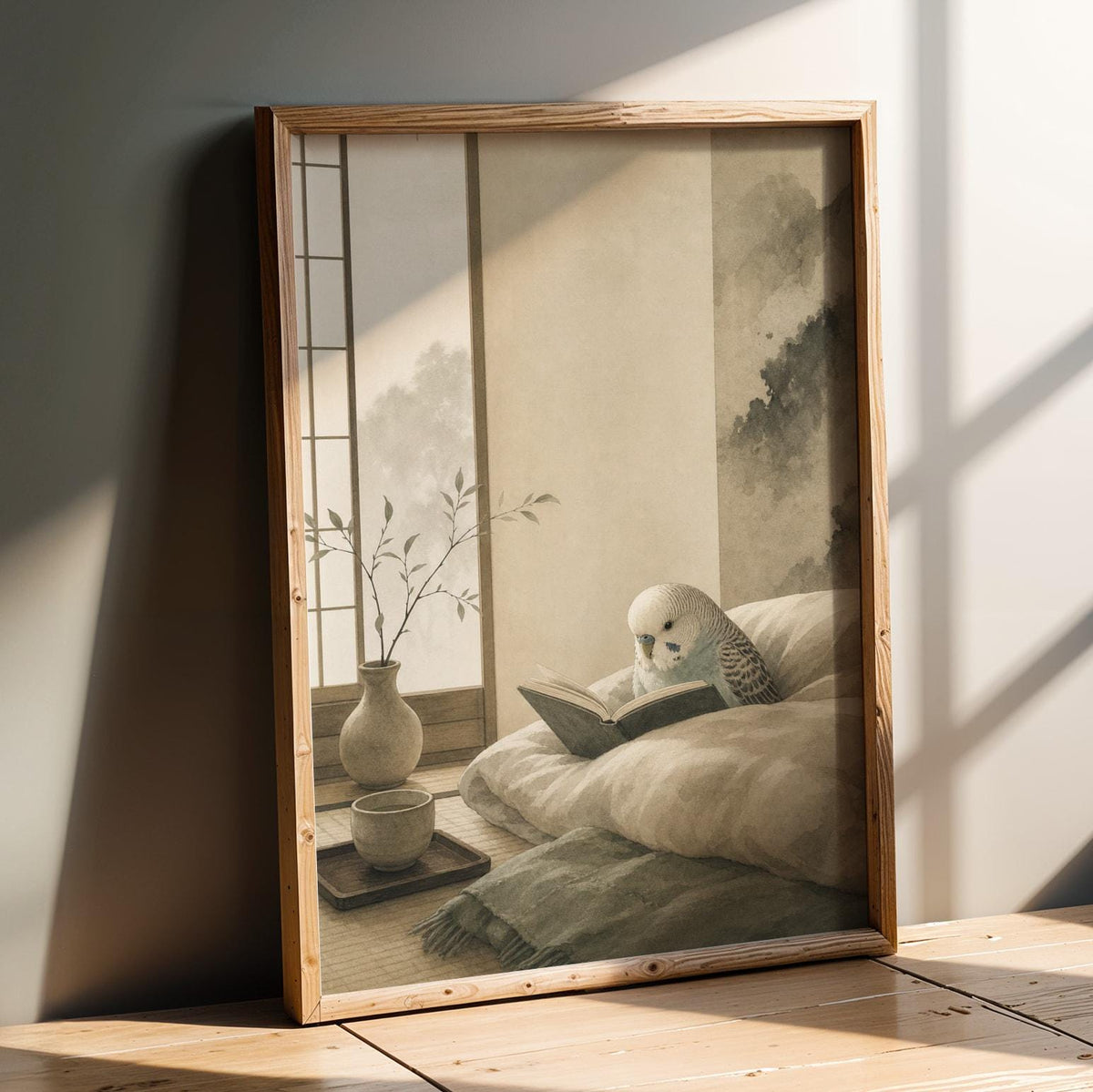 Artwork portraying English Budgerigar Reading in Bed in a japanese zen ink wash composition