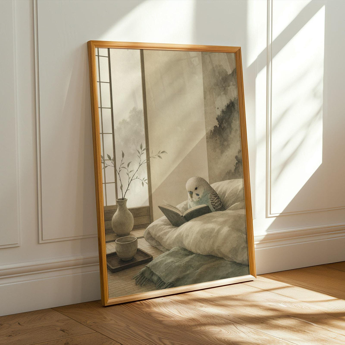 English Budgerigar Reading in Bed illustration for a japanese zen ink wash paper poster