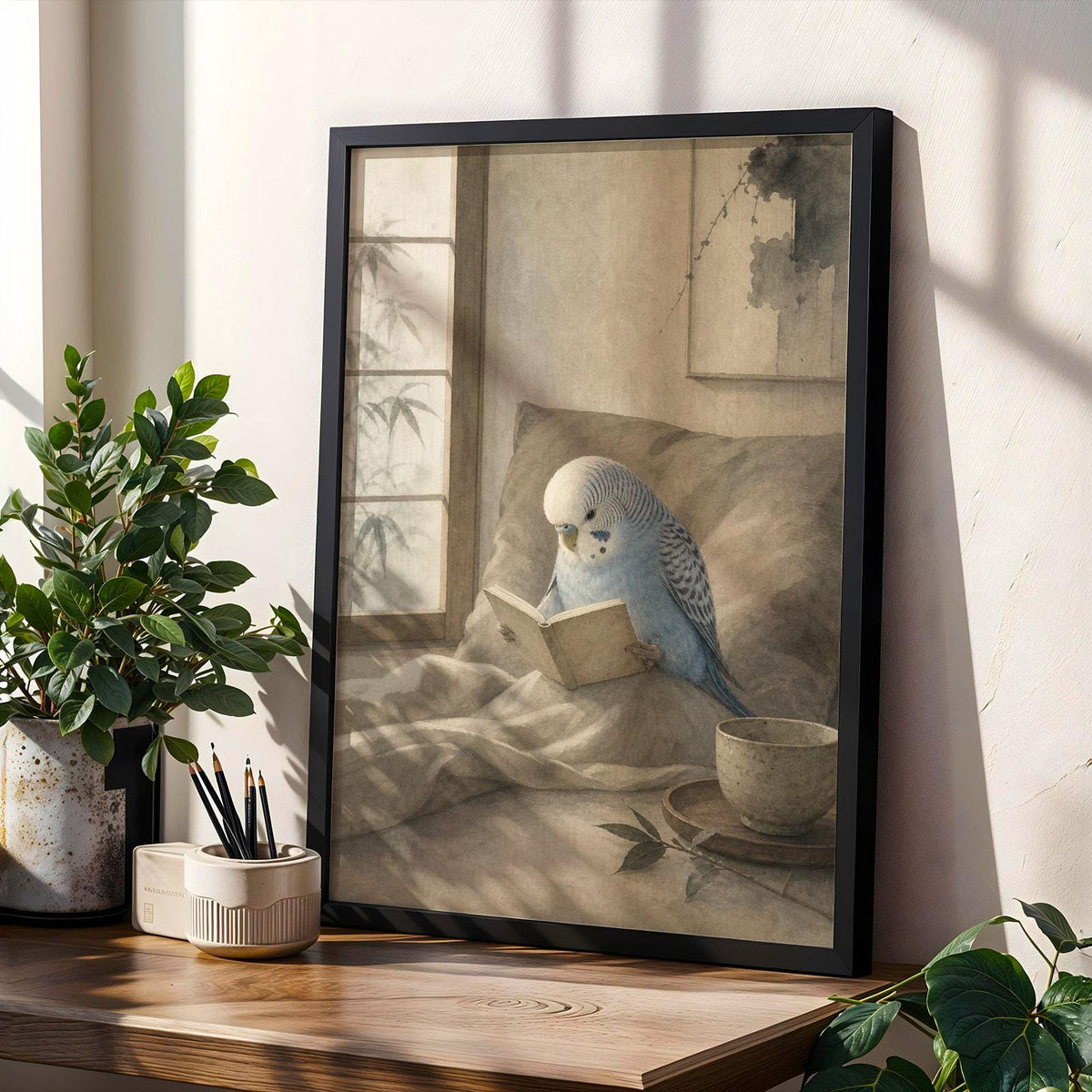 Light Blue Budgerigar Reading in Bed shown in a japanese zen watercolor wall art print