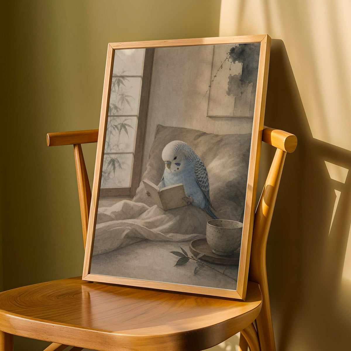 Print illustration of Light Blue Budgerigar Reading in Bed with japanese zen watercolor artwork