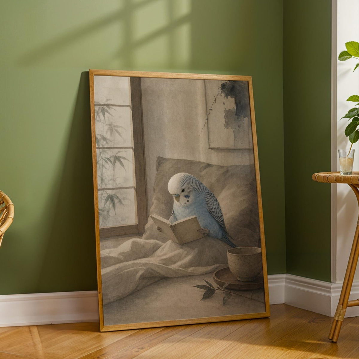 Light Blue Budgerigar Reading in Bed depicted in a japanese zen watercolor art poster