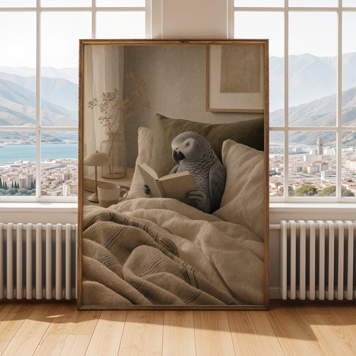African Grey Parrot Reading in Bed portrayed in a Modern Soft Gouache paper poster design
