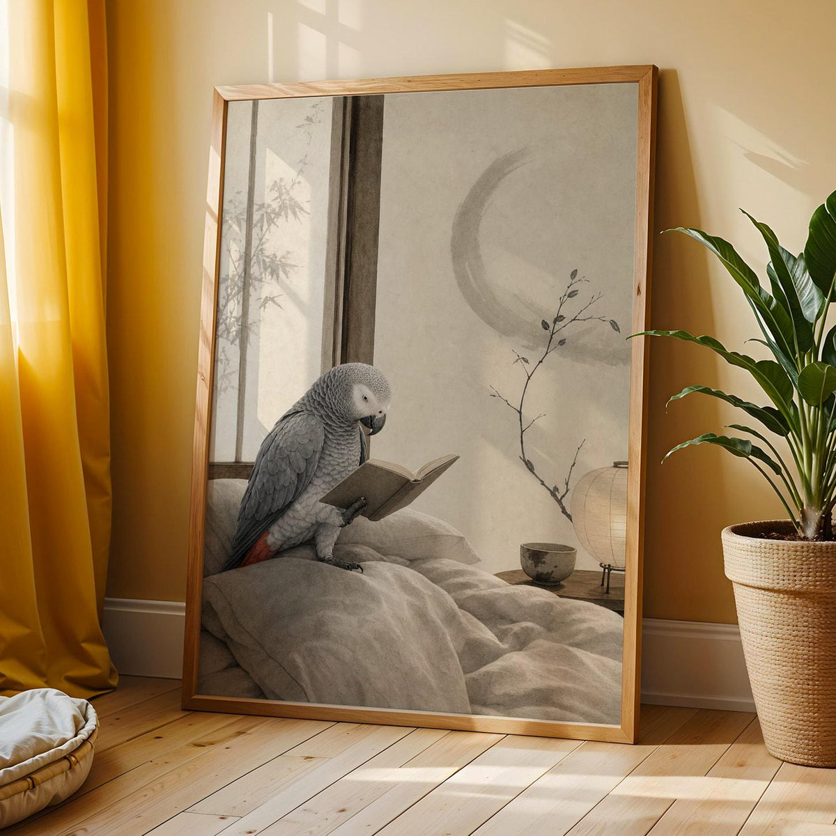 African Grey Parrot Reading in Bed shown in a japanese zen ink wash wall art print