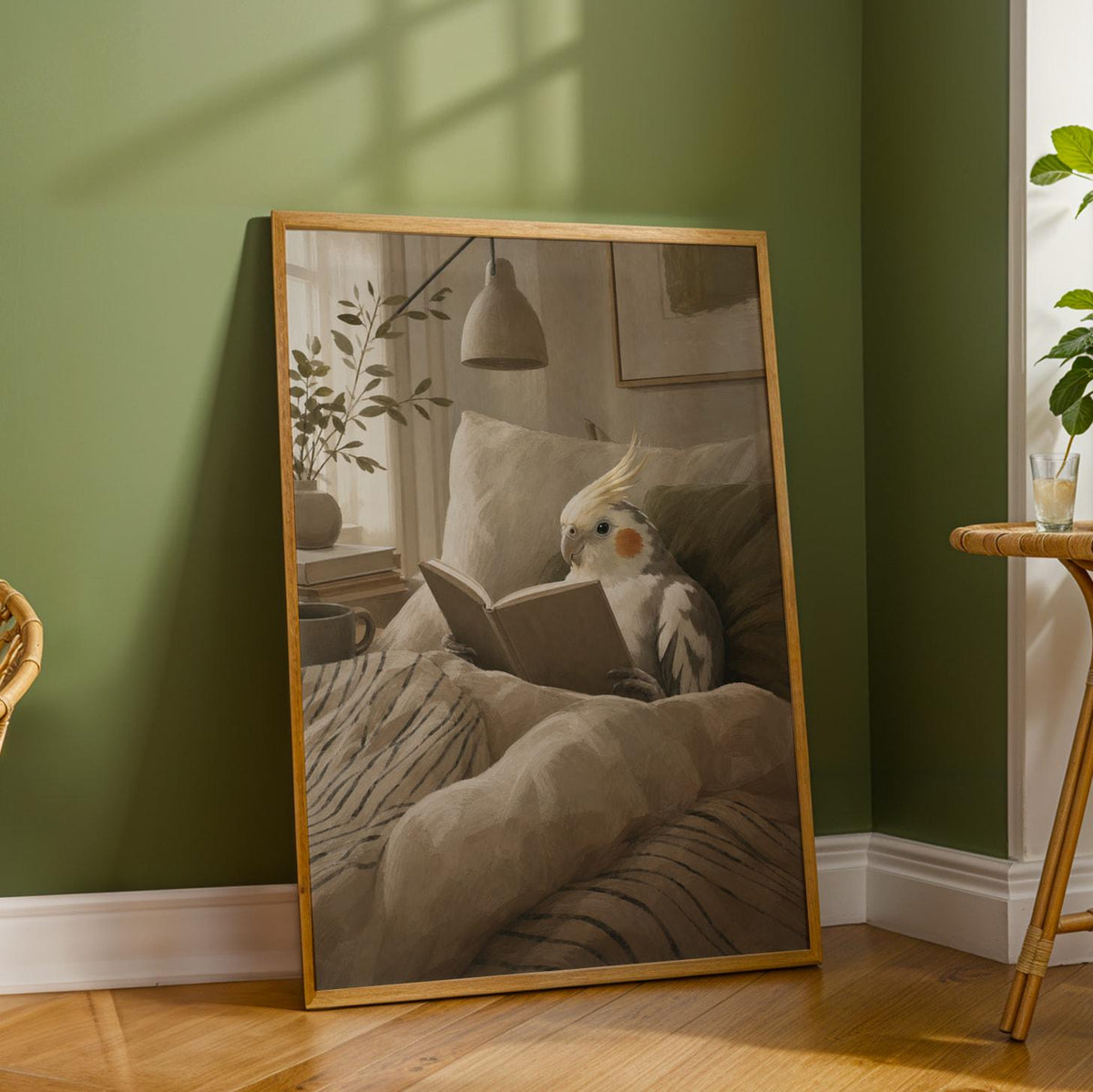 Wall art poster of Pied Cockatiel Reading in Bed in scandinavian gouache painted style