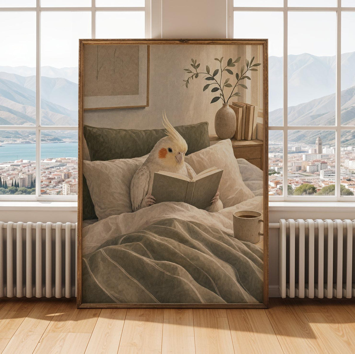 Print illustration of Pearl Cockatiel Reading in Bed with modern gouache artwork