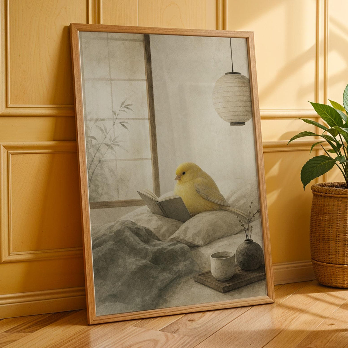 Poster print featuring Gloster Canary Reading in Bed with japanese zen sumi-e detailing