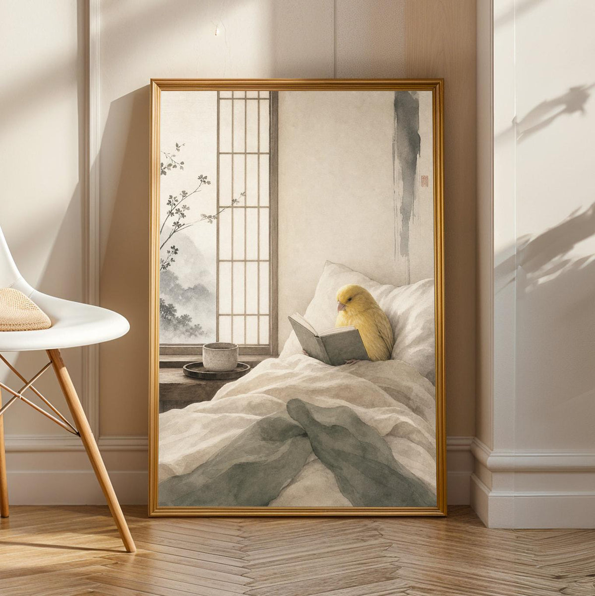 Waterslager Canary Reading in Bed in a japanese zen sumi-e poster illustration