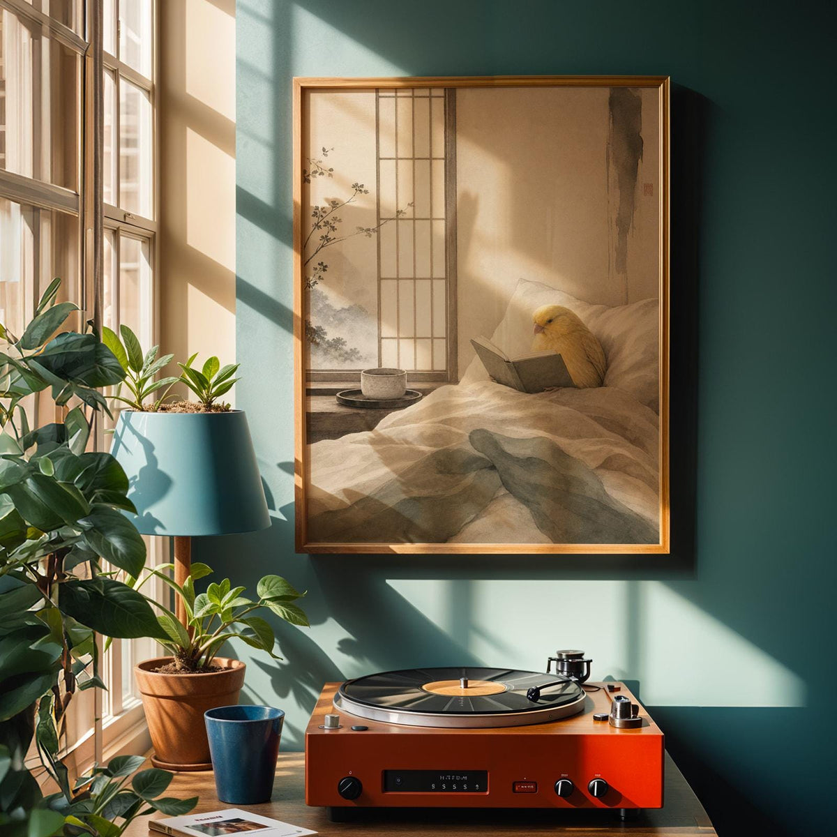 Poster artwork depicting Waterslager Canary Reading in Bed in japanese zen sumi-e style