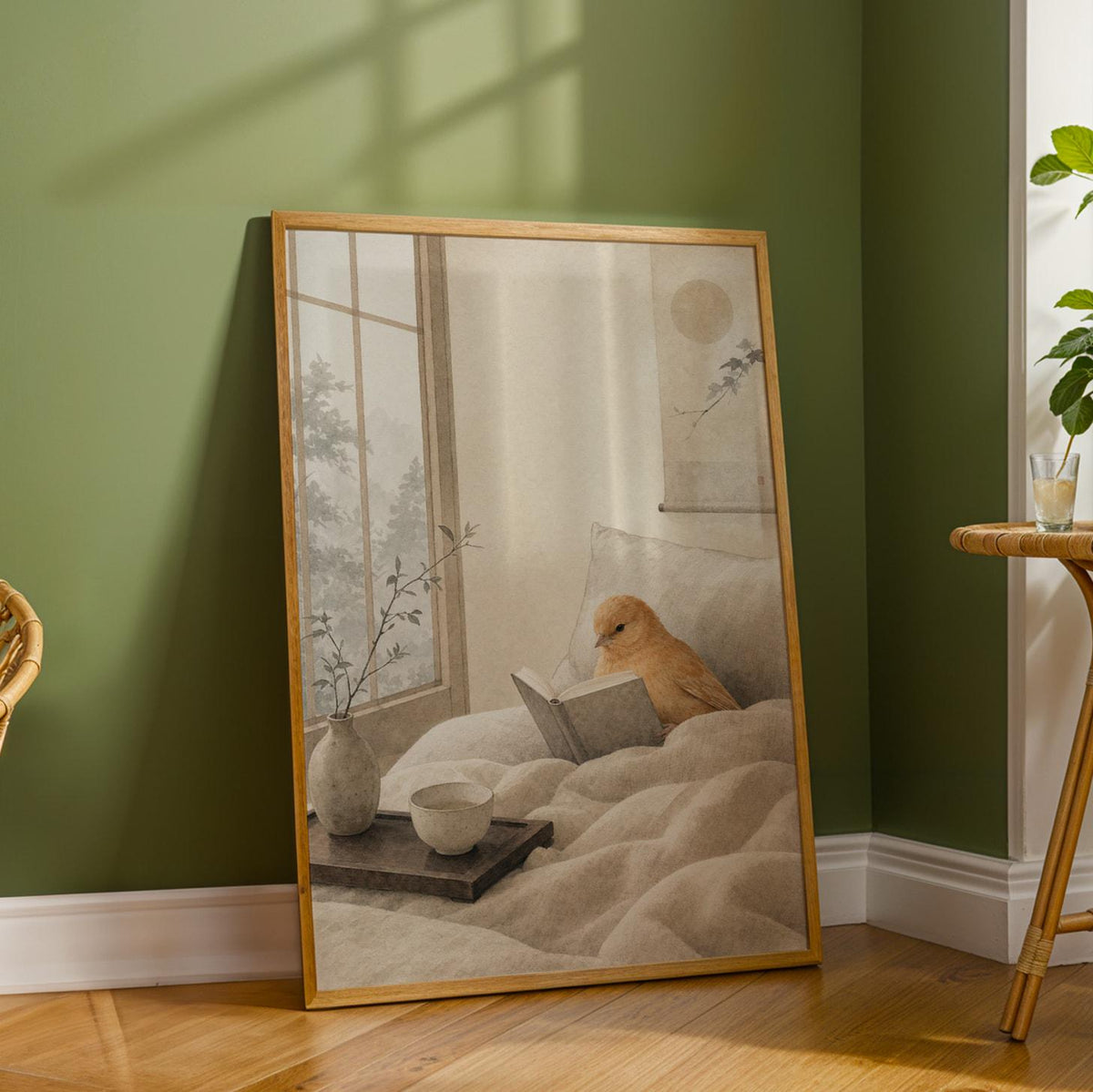 Wall art poster of Cinnamon Canary Reading in Bed in japanese zen sumi-e painted style