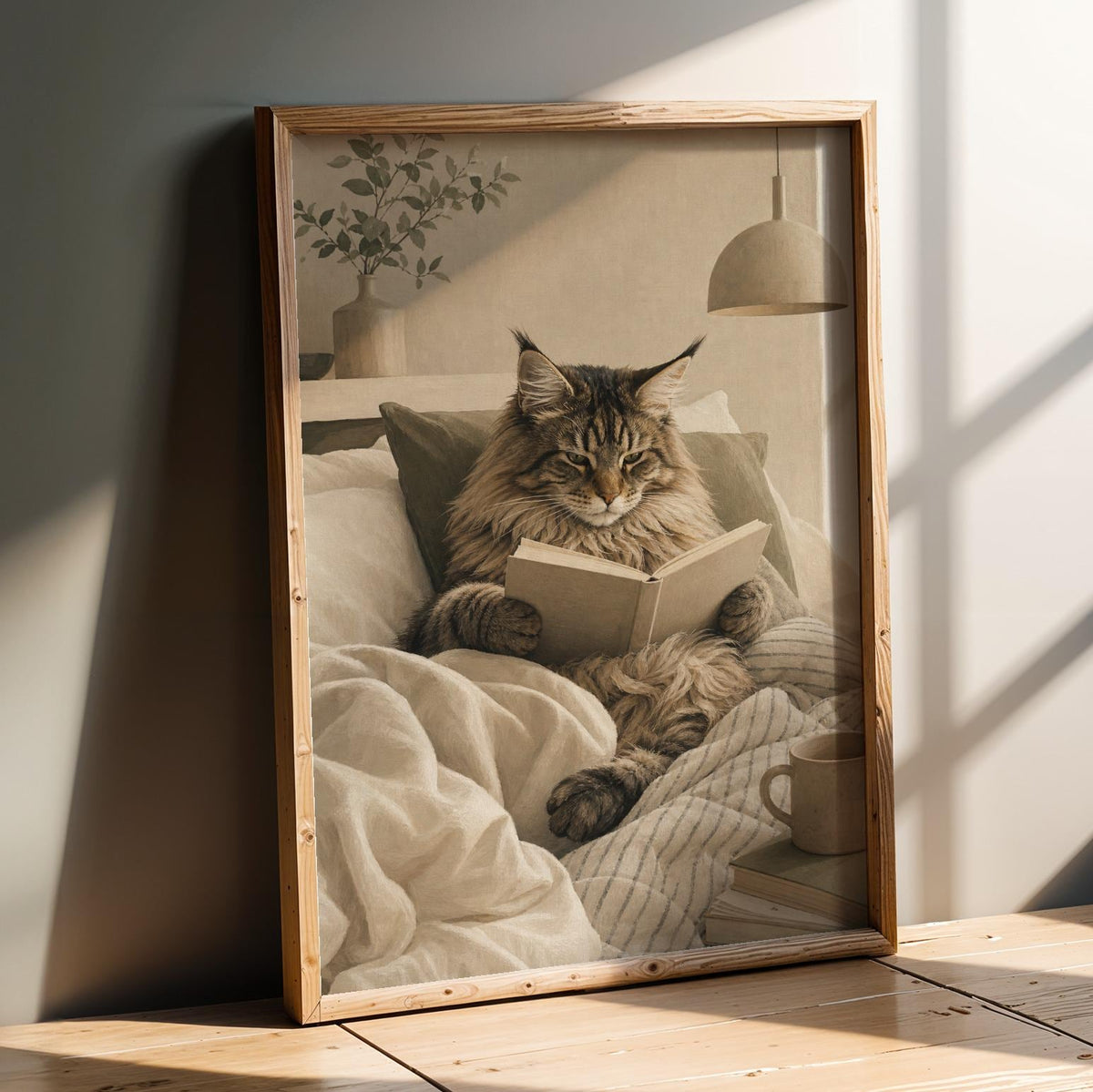 Wall art poster design with Maine Coon Cat Reading in Bed in Scandinavian Gouache style
