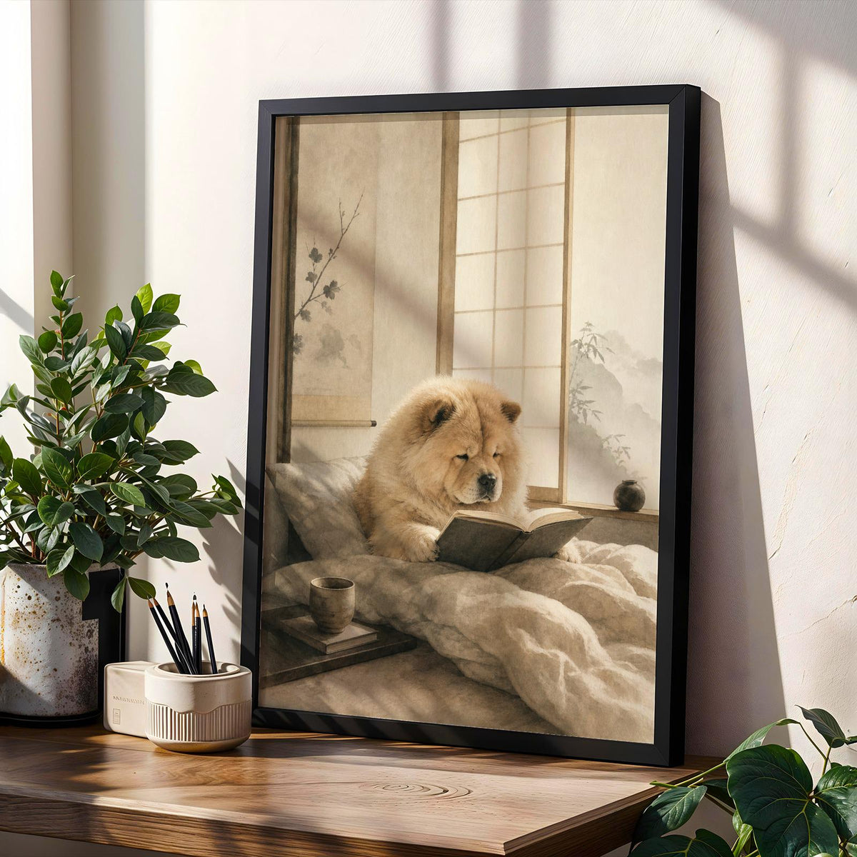 Decorative wall art showing Chow Chow Reading in Bed rendered in Zen Ink Wash style