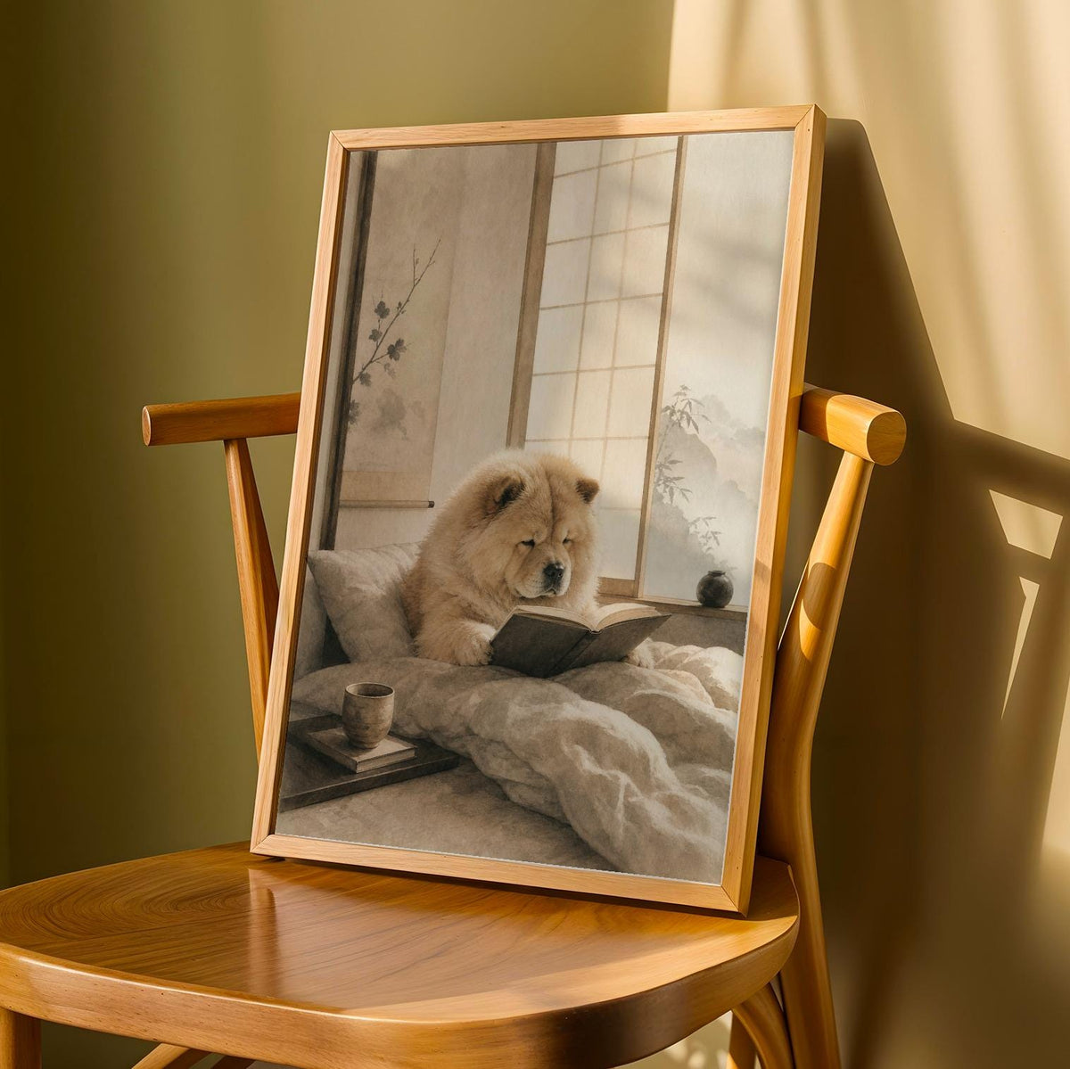 Printed wall art of Chow Chow Reading in Bed with Zen Ink Wash illustration