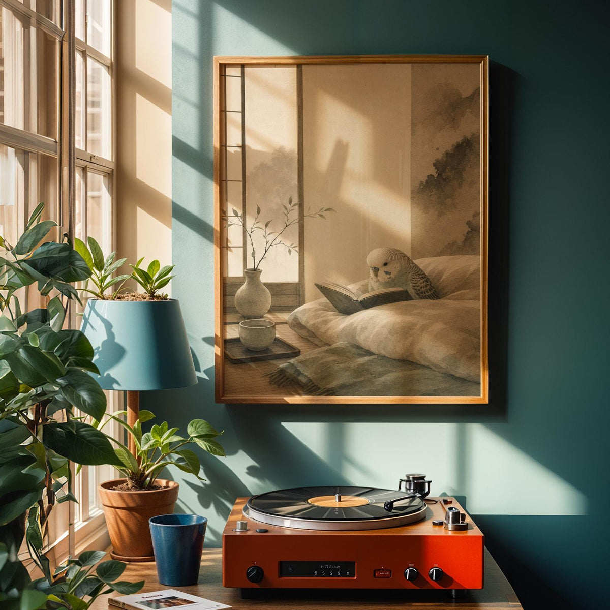 Poster artwork depicting English Budgerigar Reading in Bed in japanese zen ink wash style