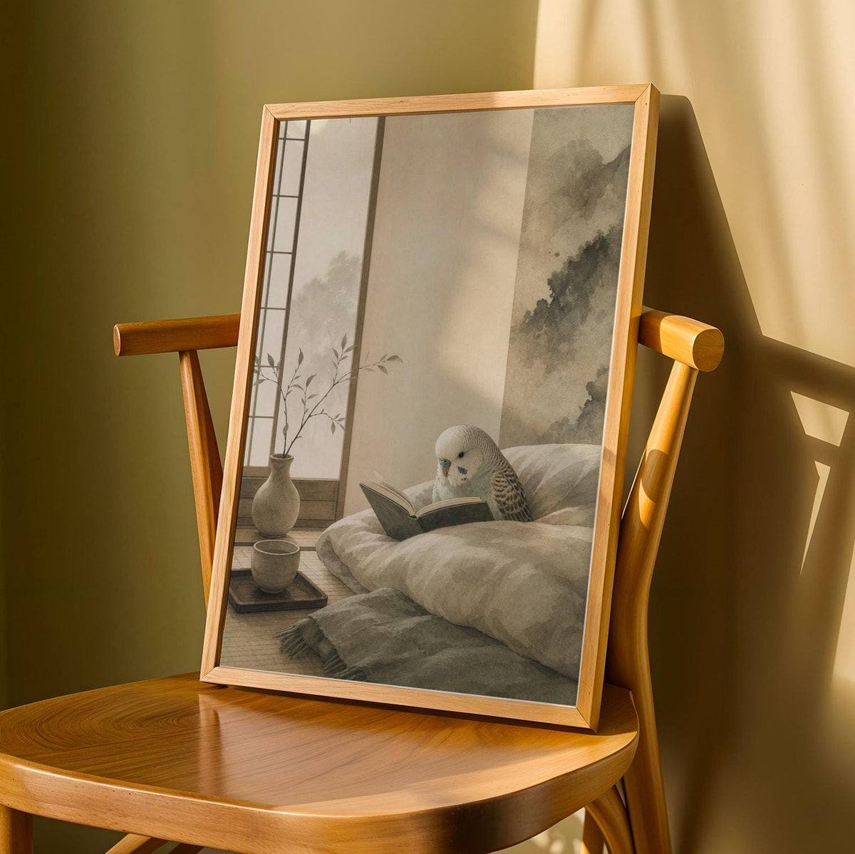 English Budgerigar Reading in Bed depicted in a japanese zen ink wash art poster