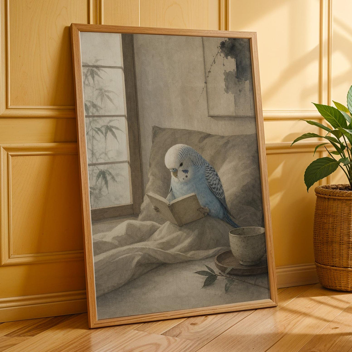 Light Blue Budgerigar Reading in Bed illustration for a japanese zen watercolor paper poster