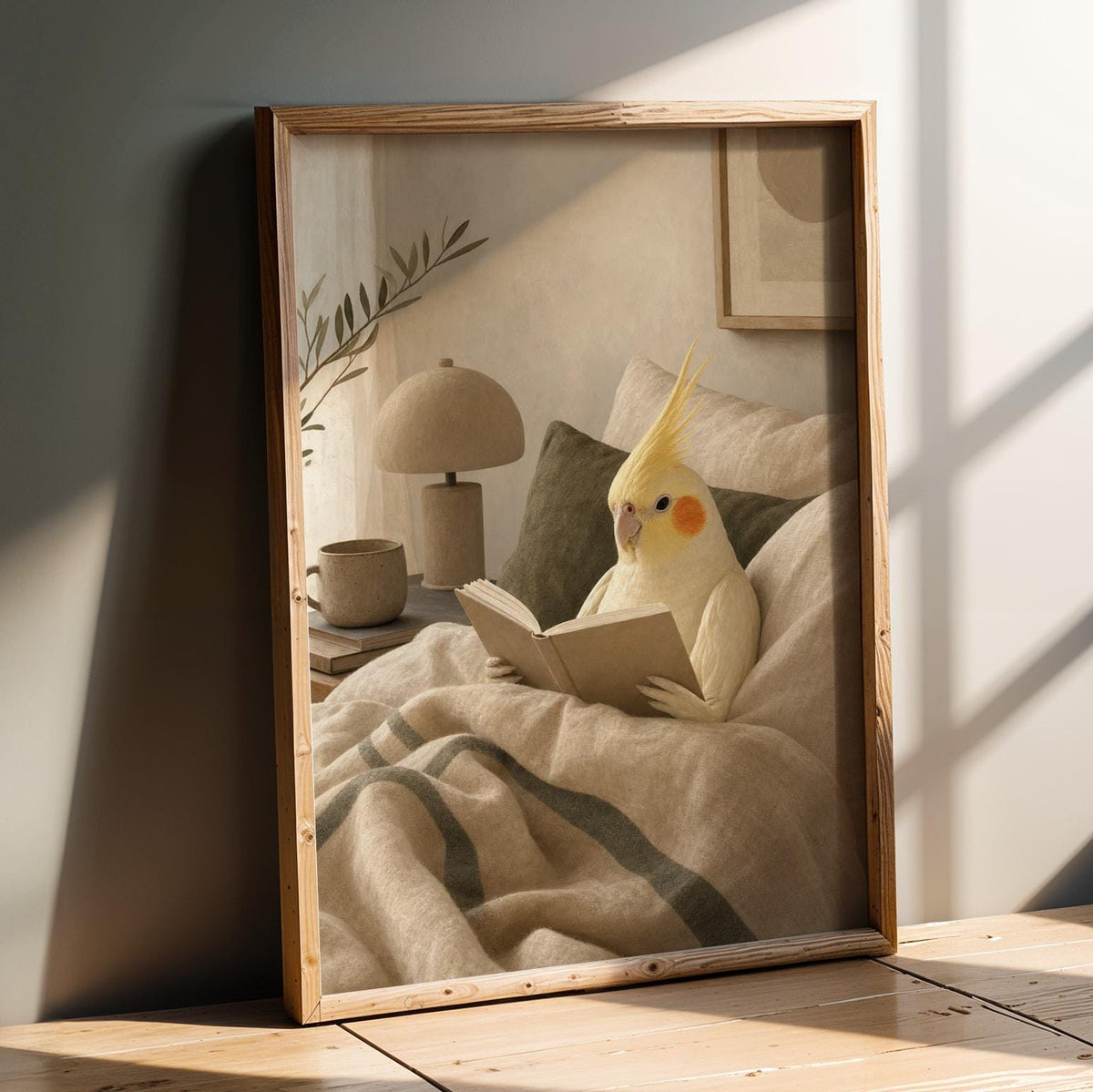 Artwork portraying Lutino Cockatiel Reading in Bed in a modern soft gouache composition