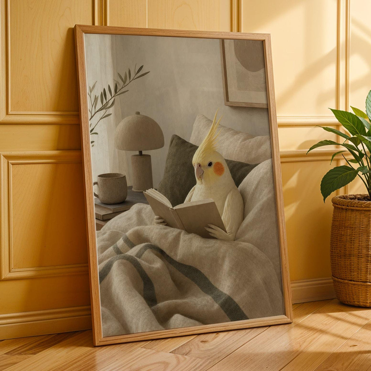 Poster print featuring Lutino Cockatiel Reading in Bed with modern soft gouache detailing