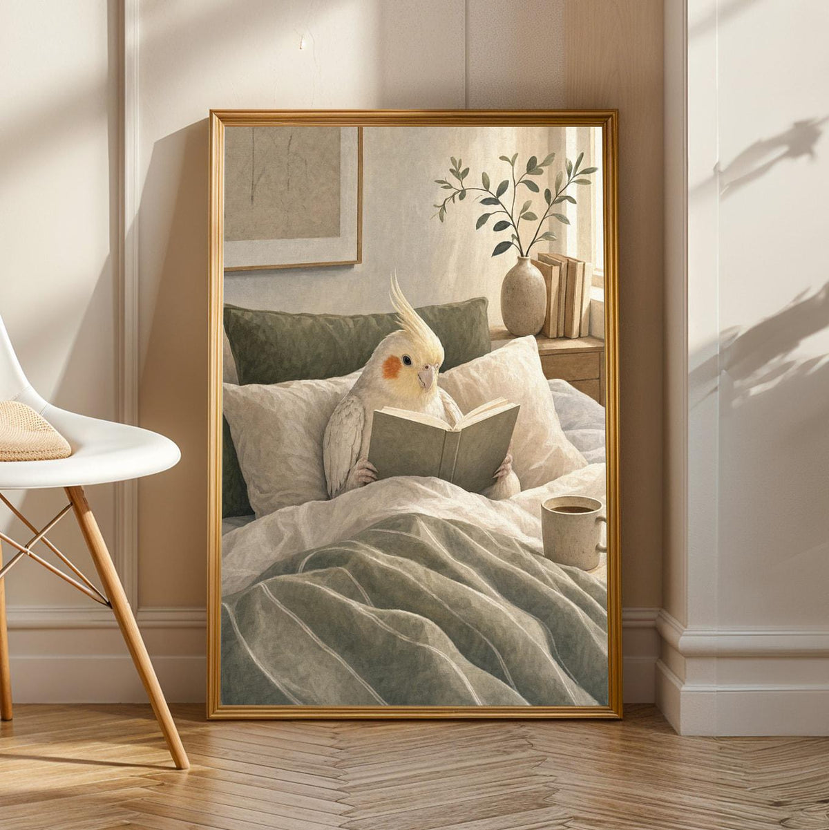 Pearl Cockatiel Reading in Bed in a modern gouache poster illustration