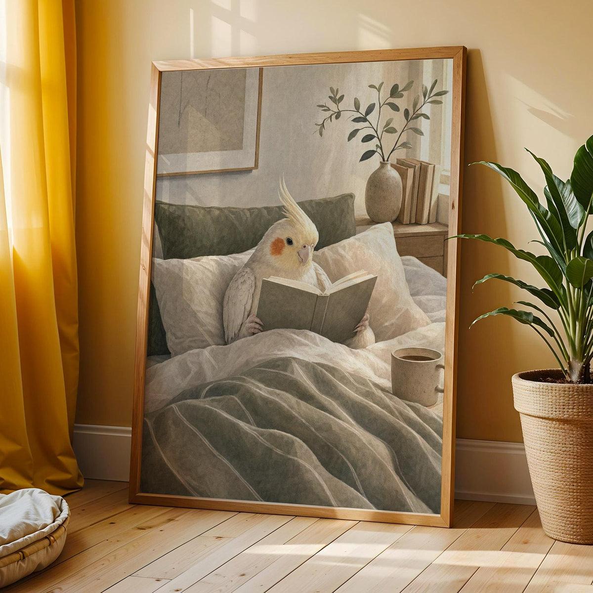Pearl Cockatiel Reading in Bed shown in a modern gouache wall art print