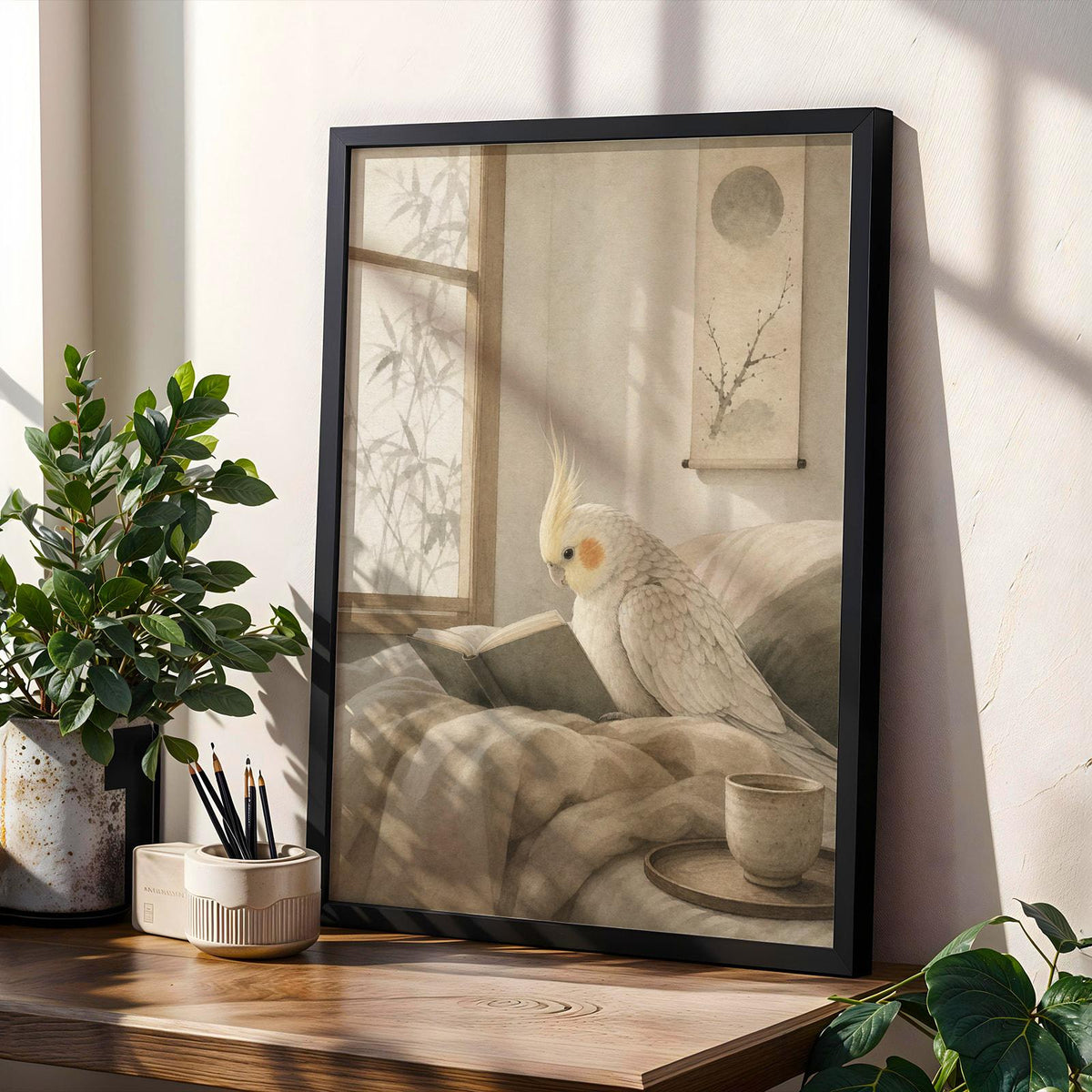 Decorative poster design featuring Pearl Cockatiel Reading in Bed in japanese zen ink wash style