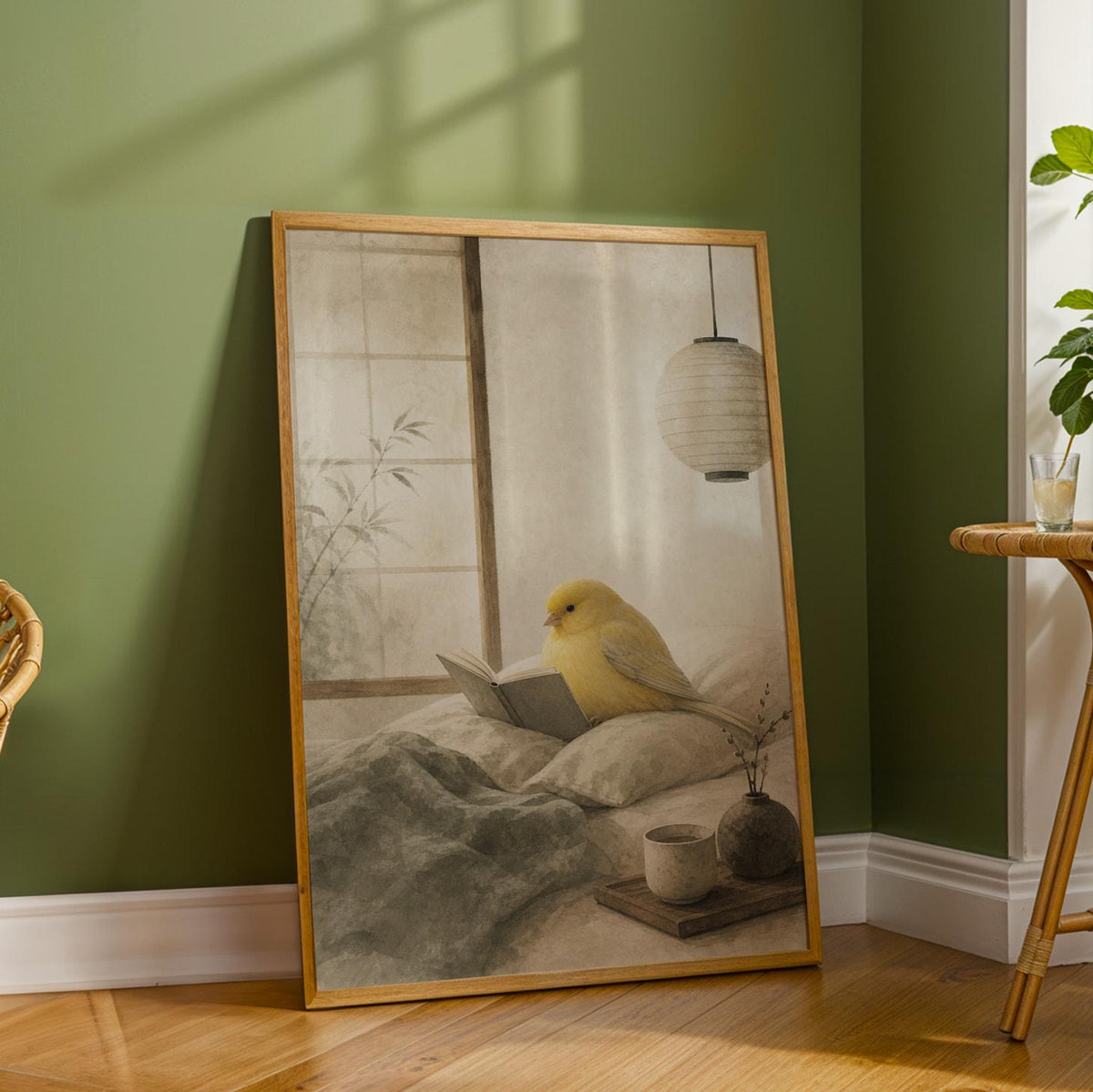 Wall art poster of Gloster Canary Reading in Bed in japanese zen sumi-e painted style