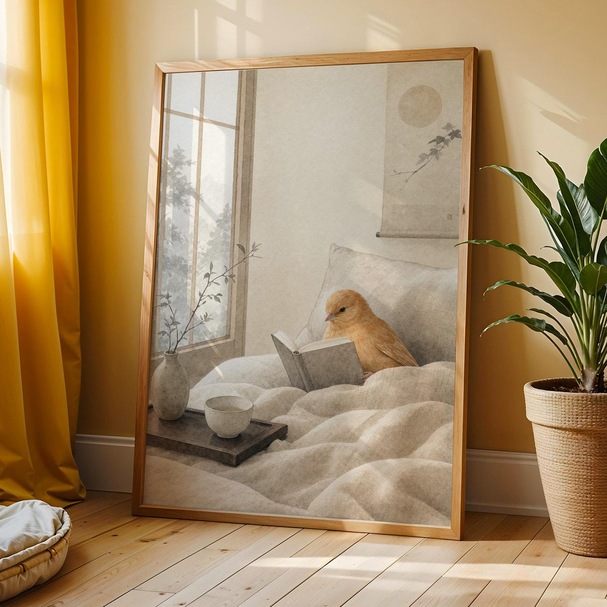 Cinnamon Canary Reading in Bed shown in a japanese zen sumi-e wall art print