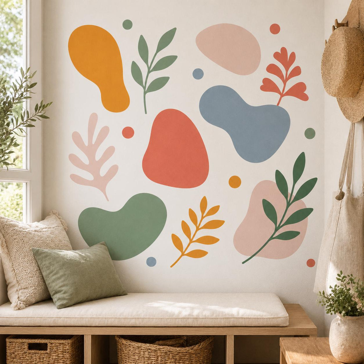 Design preview of abstract botanical wall sticker set depicting layered leaf branches and rounded abstract shapes in sage, coral and mustard