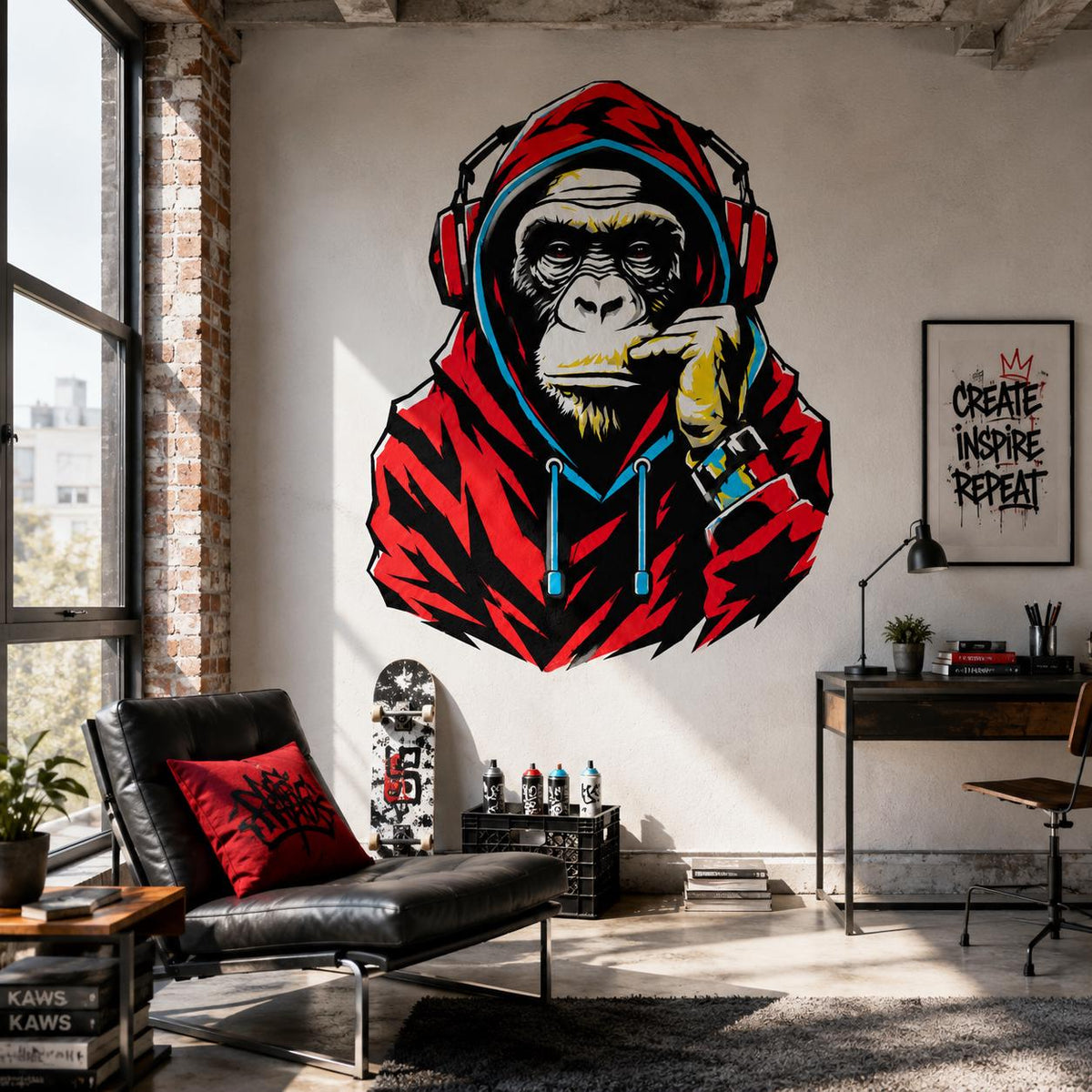 Graffiti-style gorilla wearing a red hoodie and headphones wall decal above a black sofa in an industrial loft.