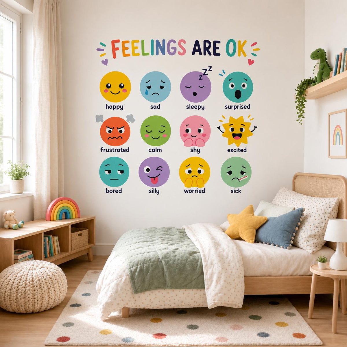 Printed vinyl artwork featuring FEELINGS ARE OK lettering with twelve cartoon faces showing different emotions