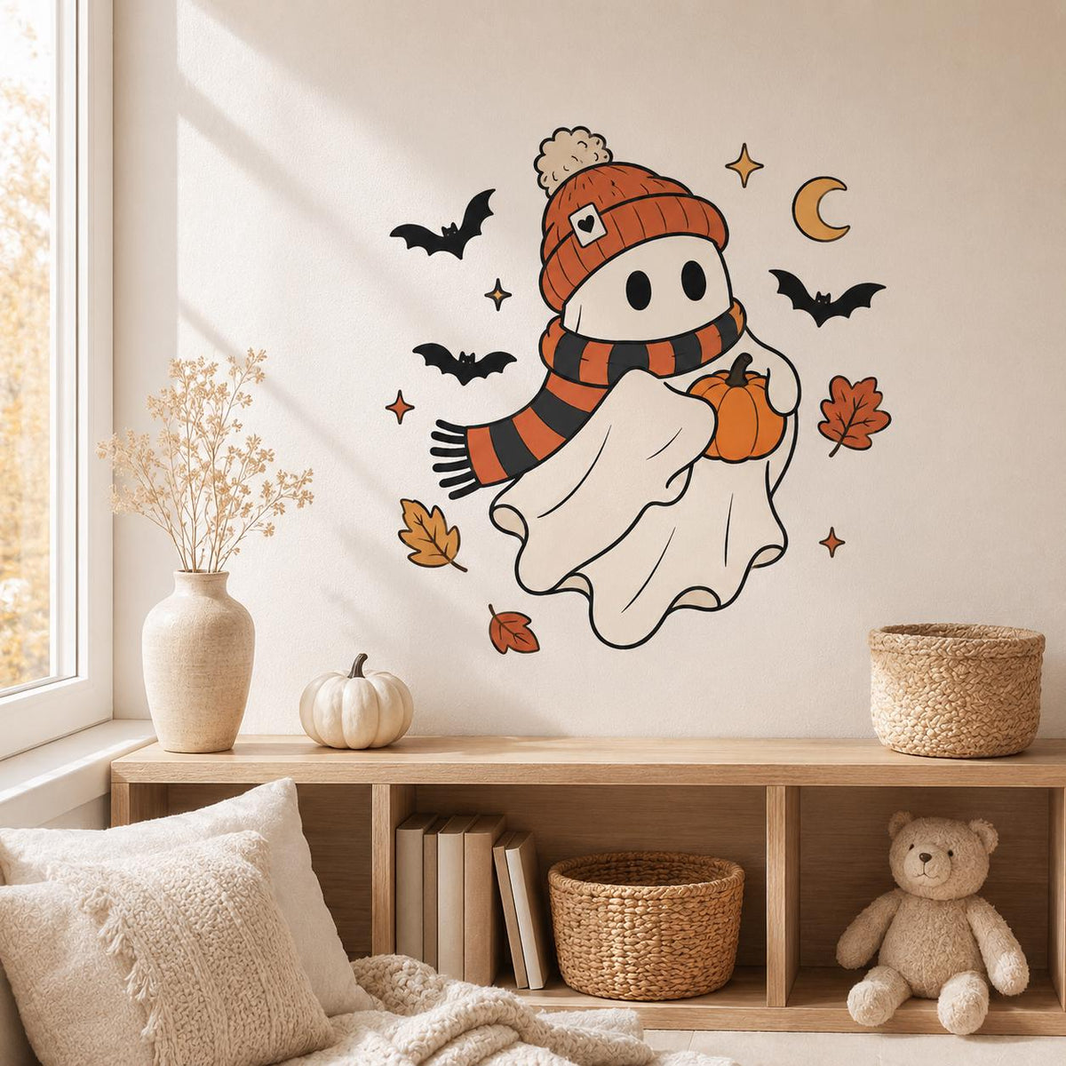Wall sticker composition featuring a friendly white ghost in an orange hat and striped scarf holding a pumpkin