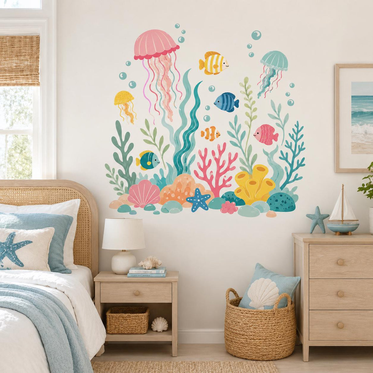 Design preview of ocean nursery wall decal depicting three jellyfish, five fish, coral, seaweed and bubbles