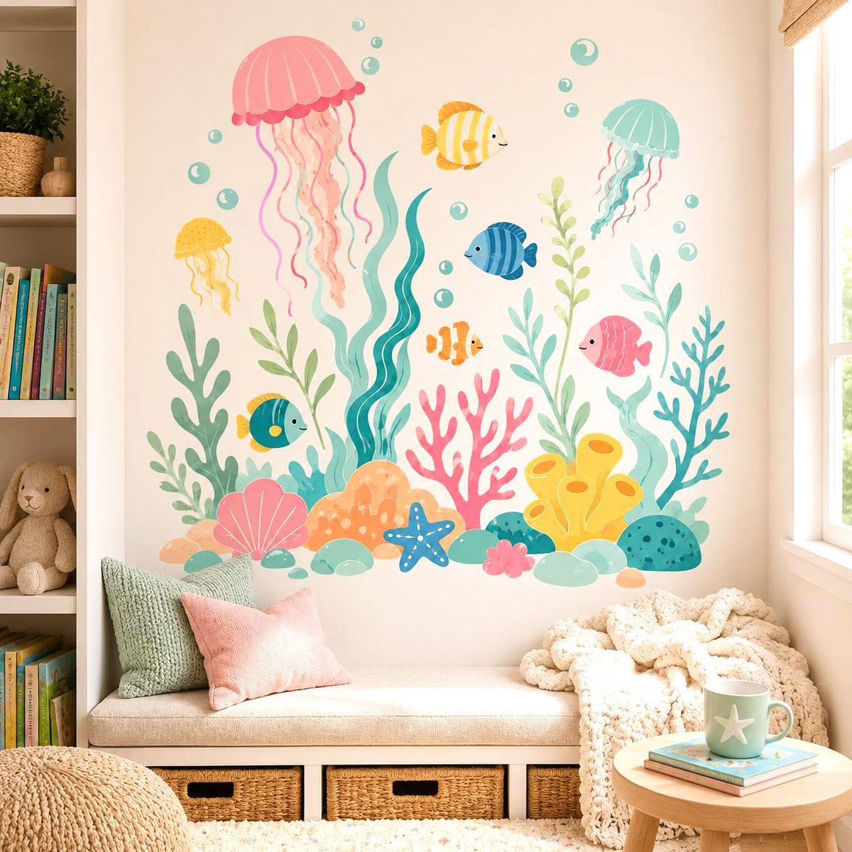 Pastel undersea wall decal with three jellyfish, five colorful fish, bubbles, coral, seaweed, starfish and seashells.